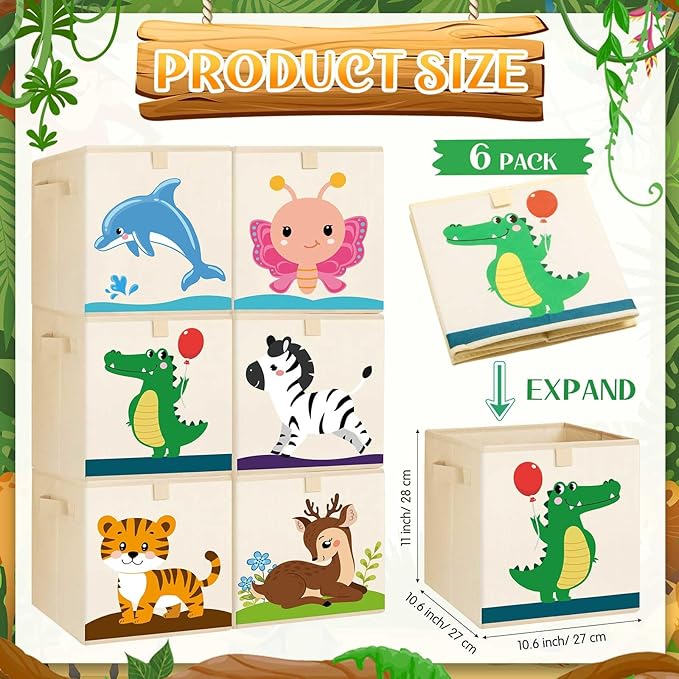 Kigley 6 Pcs Collapsible Cube Storage Bins Kids Foldable Storage Cube Organizer Fabric Toy Box Decorative Kids with Handles for Home Nursery Bedroom, 10.6 x 10.6 Inch(Vivid Animal)