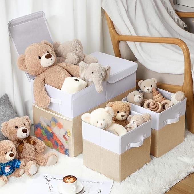 Fiwochic 3 Pack 23" Large Toy Storage Box with 11" Cubes Bins, Collapsible Toy Organizer Chest with Lids for Kids Nursery Playroom Bedroom Living Room Christmas Ornament Storage Box(Beige White)