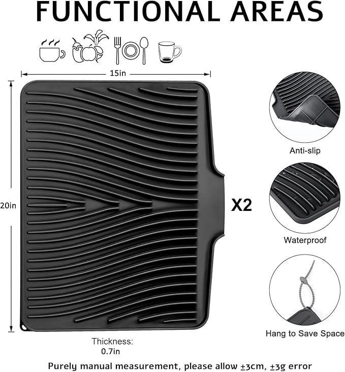 Dish Drying Mat, Stone Drying Mat for Kitchen Counter with Built-in Drain, Non-Slip Drying Matt Kitchen Counter, Heat Resistant Silicone Drying Mat, Dish Drying Pad, 2 Pcs (Black 20" x 15")