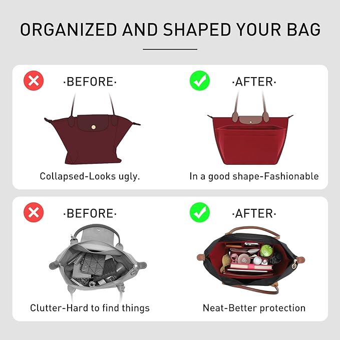 Felt Purse Organizer Insert Compatible with Longchamp Le Pliage Large and More, Zipper Long Champ Bag Organizer Insert with Cup Holder, 8 Compartments (Wine Red,L)