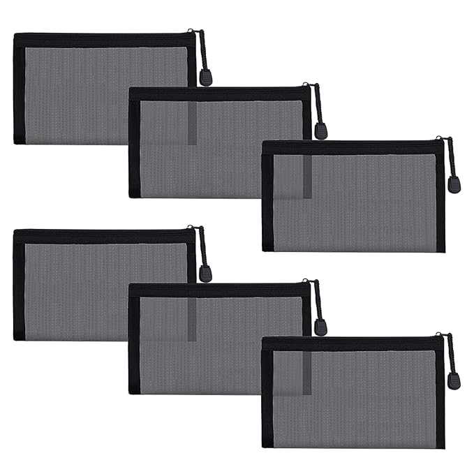 Small Mesh Cosmetic Bags, 6pcs Nylon Makeup Pouches with Zipper for Home Office Purse Diaper Bag (Black)