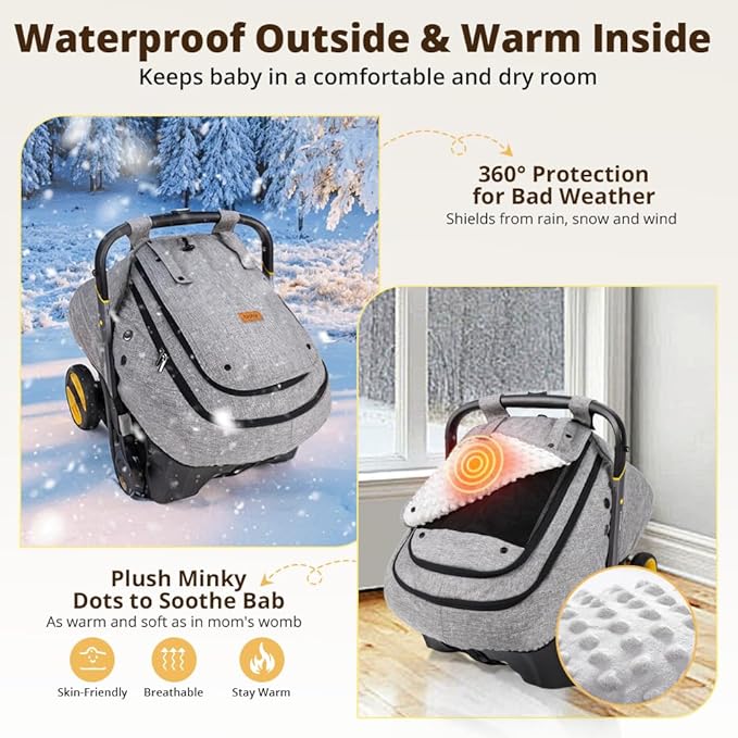 Bioby Waterproof Baby Car Seat Cover, Infant Car Seat Cover for Boy Girl, Roomy Cozy Windproof Sun Protection Baby Carseat Covers Canopy with Breathable Net and Holes, Universal Fitted Gray