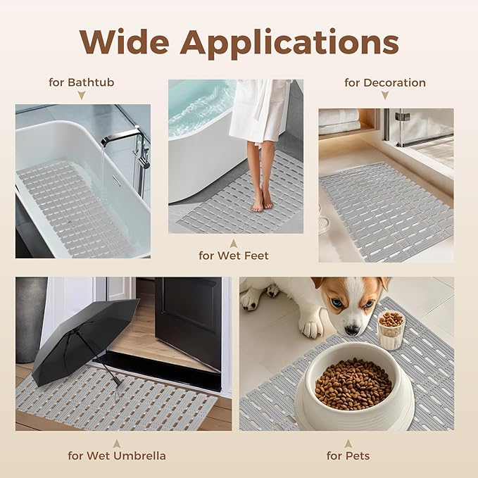 PuoWeo Bathtub Mat Non Slip for Bathroom with Suction Cups and Drain Holes 35.4 * 15.7 Shower Mat for Inside Shower, Quick Dry Bath Mat for Baby Kids Seniors Pregnants Adults, Easy to Cut, Easy Dry