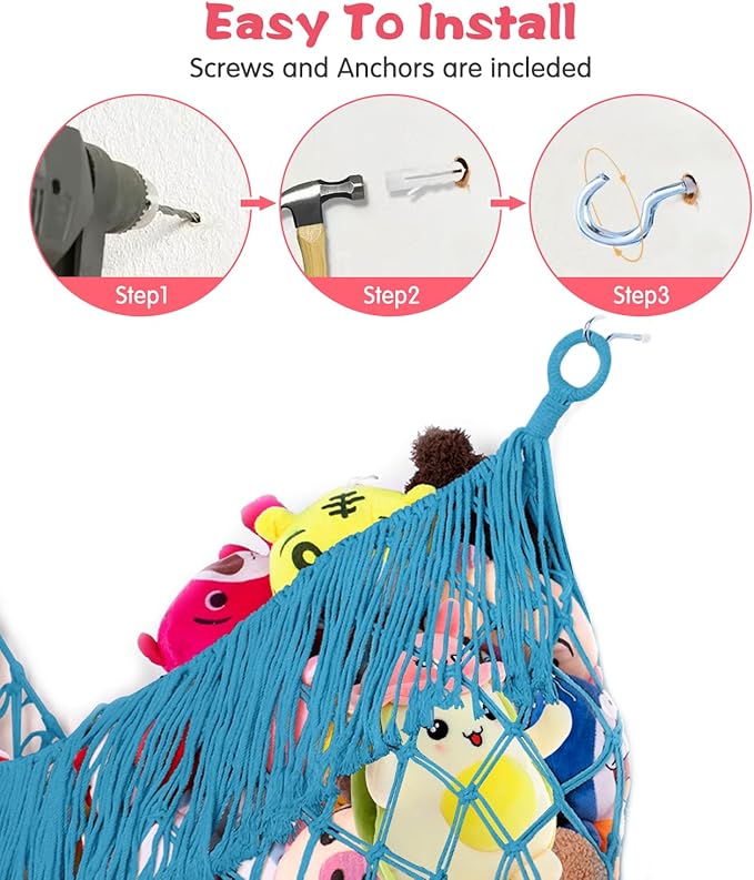 Stuffed Animal Hammock - Extra Large 63'' Long, Stuffed Animal Storage, stuffed animal Holder net, Hammock Large, Storage Hanging Organizer - Peacock blue