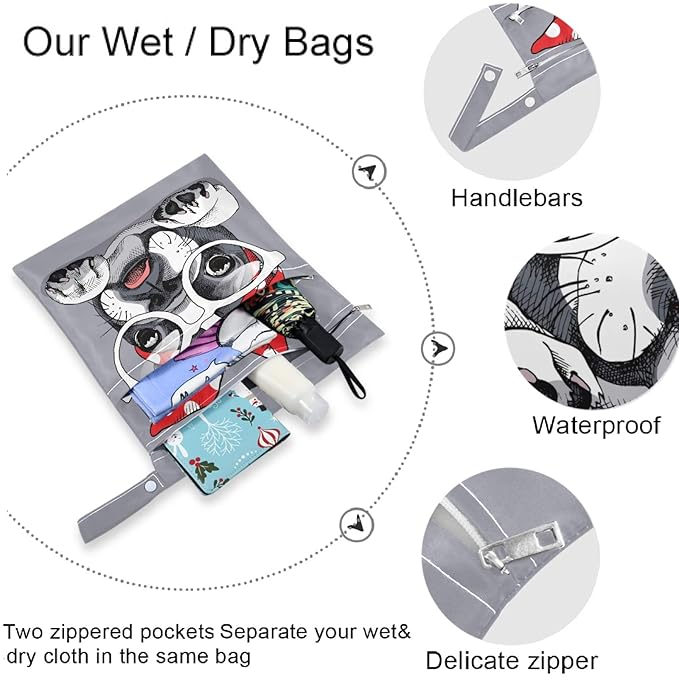 visesunny Cute Bulldog Bowknot 2Pcs Wet Bag with 2 Zippered Pockets Snap Handle Washable Reusable Roomy for Travel,Beach,Pool,Daycare,Stroller,Diapers,Dirty Gym Clothes, Wet Swimsuits, Toiletries
