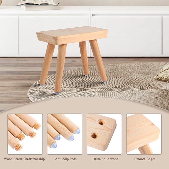 Wooden Step Stool for Kids, 9.8’’ inch Solid Kids Step Stool with Four Detachable and Assembled Legs, Anti-Slip Step Stools for Bathroom, Kitchen, Bedroom, Plant Stand