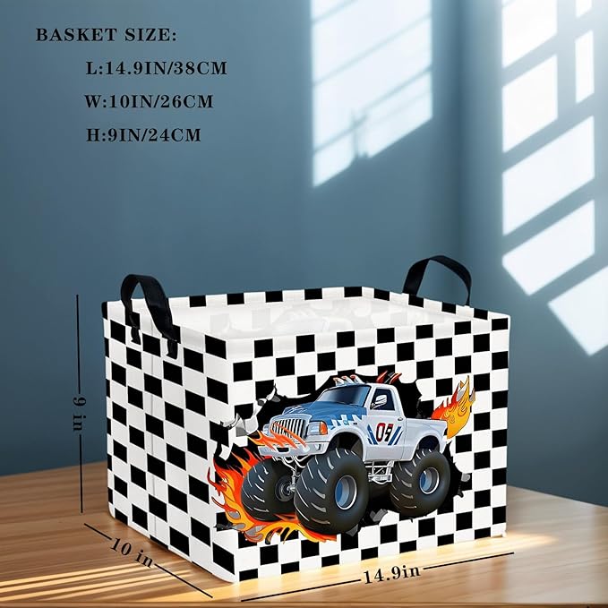 ASKETAM Racing Car Storage Basket Monster Truck Toy Book Shelf Basket Kid Room Decor Gift (Black and White Checkered)