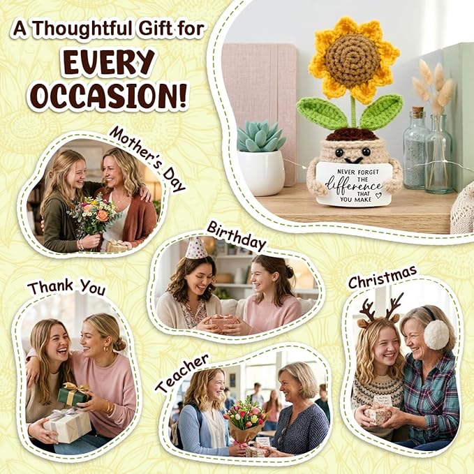 Tiny Detalles Birthday Gifts for Women - Mini Positive Crochet Sunflower, Gifts for Mom from Daughter Son on Mothers Day, Thank You Gifts for Teacher, Coworker, Friends and Sunflower Decor