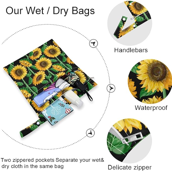 visesunny Sunflower 2Pcs Wet Bag with Zippered Pockets Washable Reusable Roomy for Travel,Beach,Pool,Daycare,Stroller,Diapers,Dirty Gym Clothes, Wet Swimsuits, Toiletries