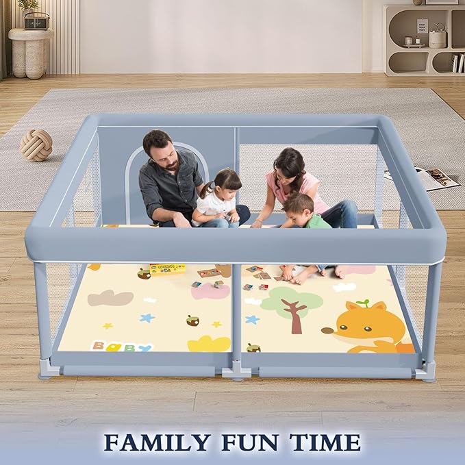 50 x 50 Inch Baby Playpen with Mat, Playpen for Babies and Toddlers, Baby Playard for Indoor & Outdoor Active Center Game Fence, with Skin-Friendly Fabric and Soft Breathable Mesh, Grey