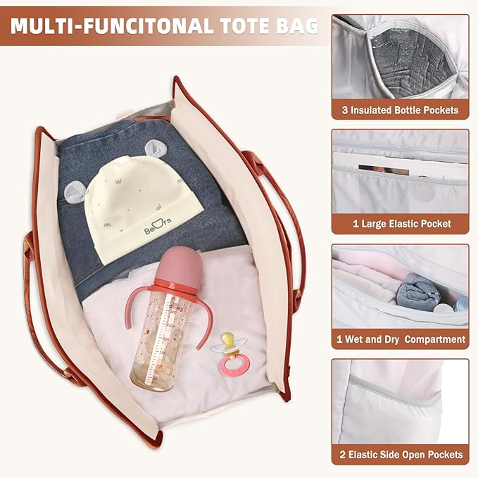BOLOSTA Diaper Bag Tote for Women, Diaper Bag Tote with Changing Pad, Large Capacity Mommy Bag for Hospital and Weekender