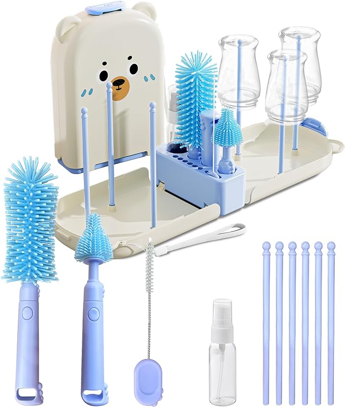 Blue Travel Bottle Cleaner Kit with Drying Rack – 6-in-1 Baby Bottle Washer & Silicone Brush Set for Pump Parts, Nipples & Straws – Portable Baby Travel Essential in Compact Case