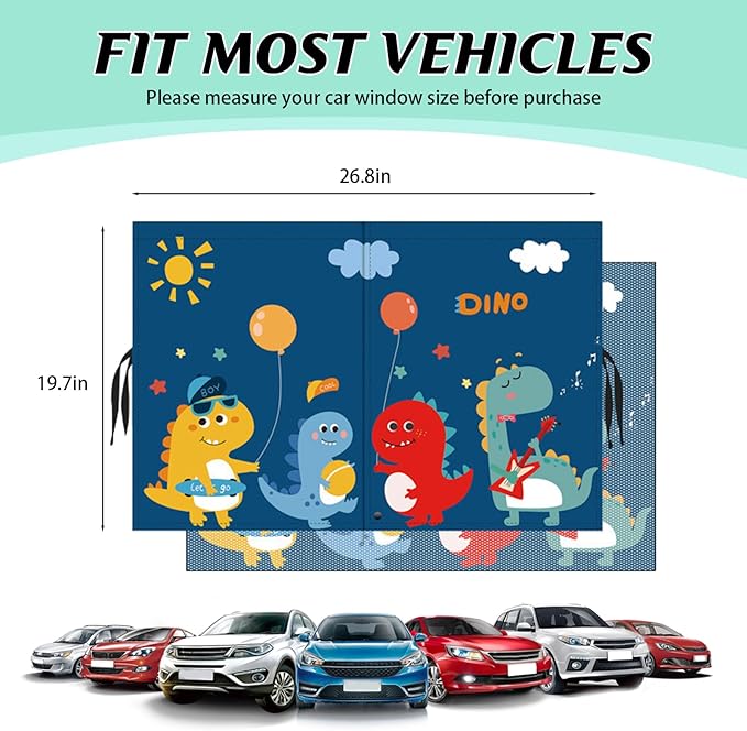 Car Window Shade for Baby, 2 Pack Magnetic Double Layer Cute Dinosaurs Car Sun Shade Side Window, Adjustable Privacy Blackout/See-Through Window Curtains for Baby Kids UV Protection