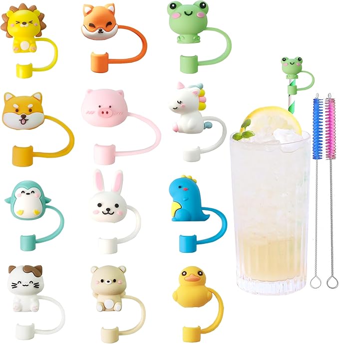 12Pcs Cute Silicone Straw Covers Cap,RENUIS Straw Toppers for Tumblers,Reusable Portable Drinking Straw Tips Lids,Dust-Proof Straw Plugs Soft Cap Protector Cover for 6-7mm Small Straws(Animals Theme)