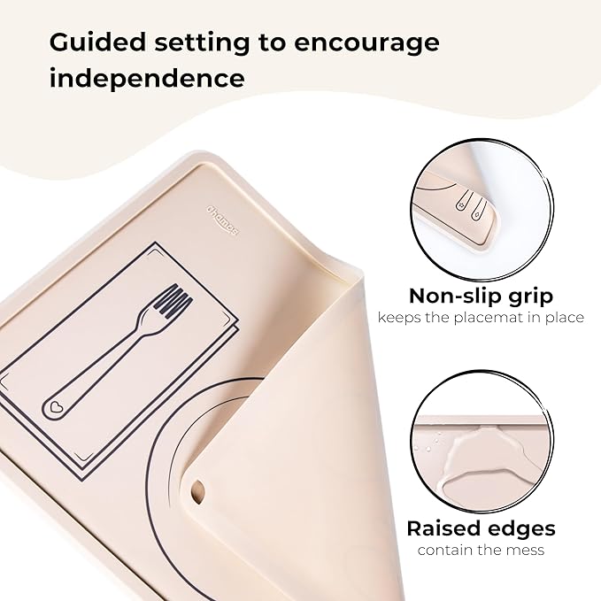 CHAMOS Montessori Placemat for Toddlers - Kids Silicone Mats for Dining Table - Set of 2 - Table Setting Learning (Clay and Beige)