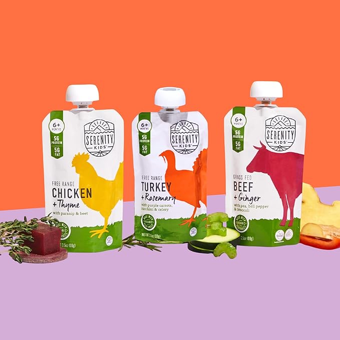 Serenity Kids 6+ Month Baby Food Puree Pouch - 3.5 Oz, Pack of 6, Turkey & Rosemary - Organic Zucchini & Carrot Pouch - No Added Sugar Turkey Meat Puree for Baby Snacks