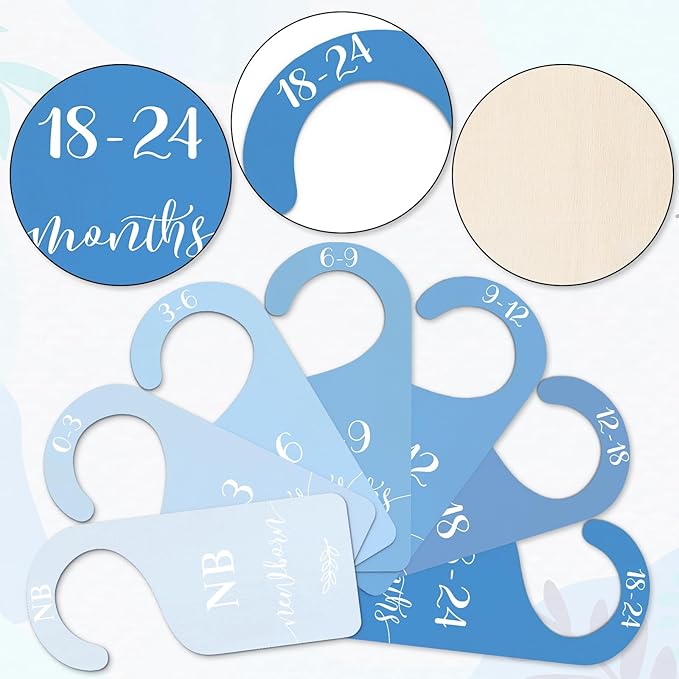 Whaline 7Pcs Blue Wood Baby Closet Size Dividers with Velvet Bag Newborn to 24 Month Thicken Infant Wardrobe Hanger Organizers for Home Nursery Party Favors Supplies