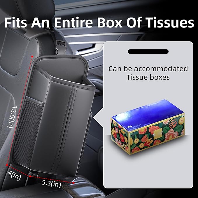 Car Tissue Holder for Front Seat, Headrest Organizer with 2 Side Mesh Pockets for Phones & Cards, tissue box cover square Fits 150 Tissues, Durable PU Leather