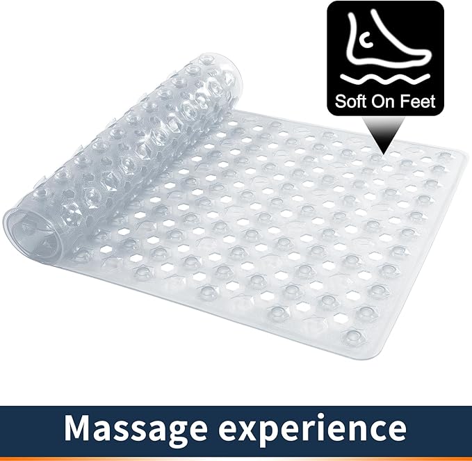Yimobra Bathtub Mat Non Slip, 27.5"x15.5" Machine Washable Shower Floor Mat, Soft on Feet, Bathmat with Drain Holes and Suction Cups, Bathroom Essentials, Clear