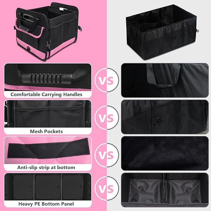 Trunk Organizer for Car, 95L Large Capacity Trunk Storage with Non-Slip Bottom Strips, Cargo Organizer for Suv, Truck, Sedan, Waterproof Portable Car Organizers for Women Men(Pink)