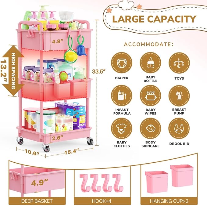 Goovilla Diaper Cart with Lockable Wheels and Easy Assembly, 3 Tier Pink Rolling Cart for Baby Nursery Storage, Sturdy Ample Diaper Caddy Organizer for Baby Girl, Boy, New Mom, Newborn Essentials