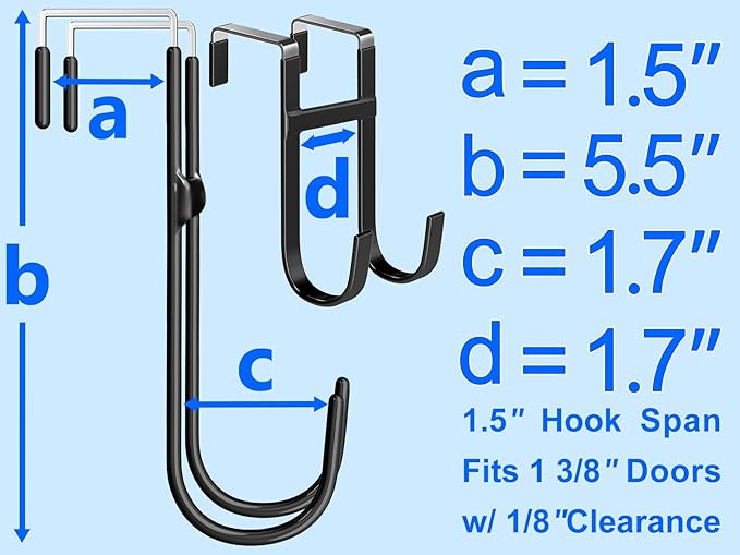 Mars-Rock Over the Door Twin Metal Hooks with Plastic Coating 5.5" Fit 0.5" to 1 3/8" Door 2 Sets Heavy Duty Towel Robe Rack Wreath Bathroom Shower Hanger Shoe Organizer Ironing Board Short Black