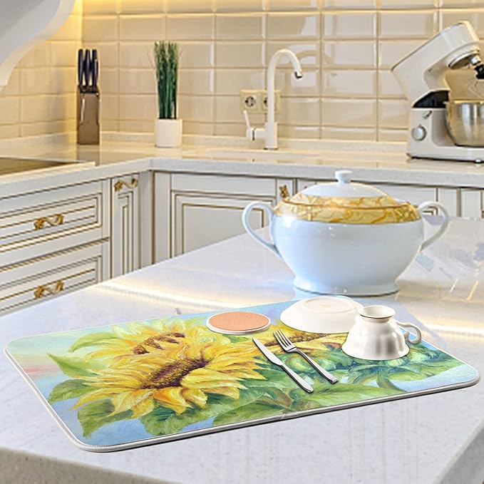 Absorbent Dish Drying Mat for Kitchen Counter - Oil Painting Sunflower Microfiber Drying Pad, Reversible Drainer Mats for Countertop, Large 18" x 24"