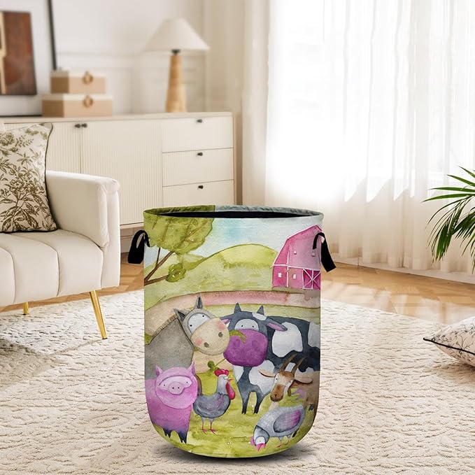 Watercolor Farm Animal Laundry Basket, Laundry Hamper Collapsible Oxford Cloth with Handle Clothes Toy Storage Bin for Bathroom Laundry Room Bedroom 15.7 X 20 Inch