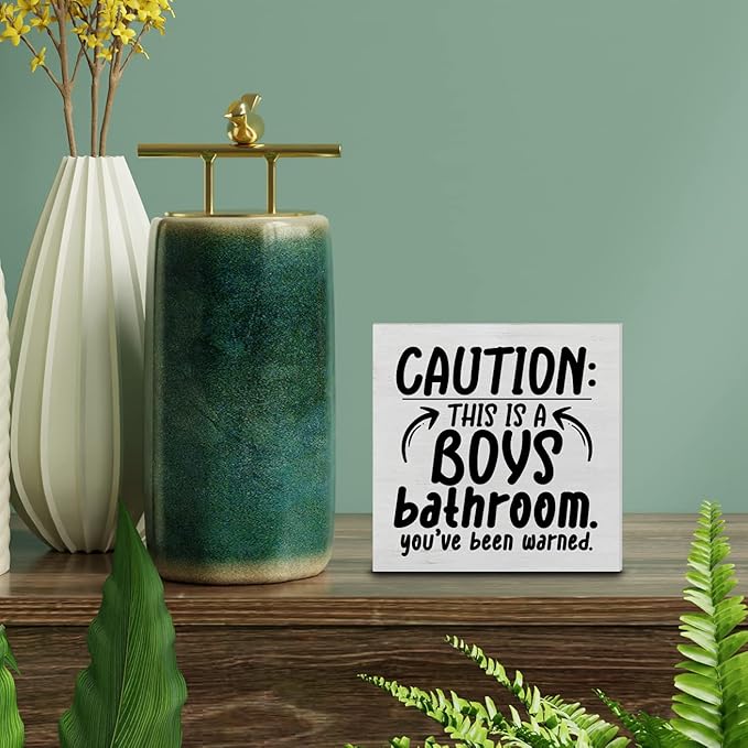 Country Caution Boys Bathroom Wood Box Sign Decor Desk Sign Humor Bathroom Wooden Box Block Sign Rustic Home Toilet Shelf Wall Decoration
