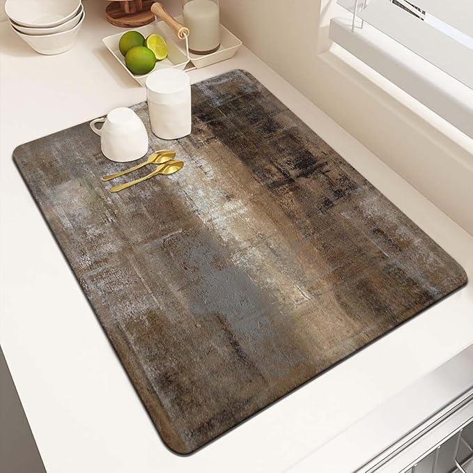 MCALK Dark Brown Dish Drying Mat for Kitchen Counter, Brown Dish Drying Pad with Anti-Slip Rubber Base, Absorbent Kitchen Sink Mat with Abstract Art Decor (1 pc 18" x 16")