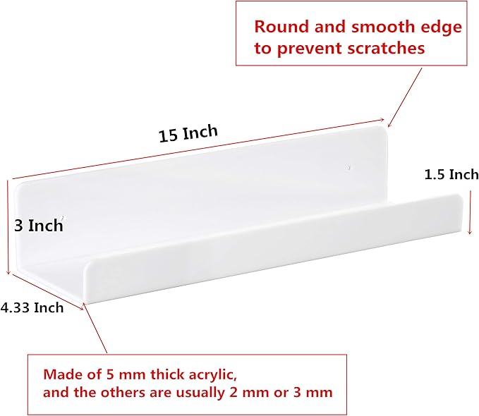 6 PCS Wall Mounted Acrylic Floating Shelf 15 Inch White Ledge Shelf, Nursery Kids Bookshelf 5MM Thick Bathroom Storage Shelves Toy Display Organizer