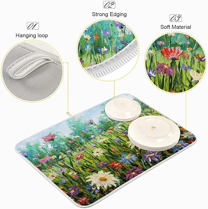 Absorbent Dish Drying Mat for Kitchen Counter - Oil Painting Flowers Microfiber Drying Pad, Reversible Drainer Mats for Countertop, Small 16" x 18"