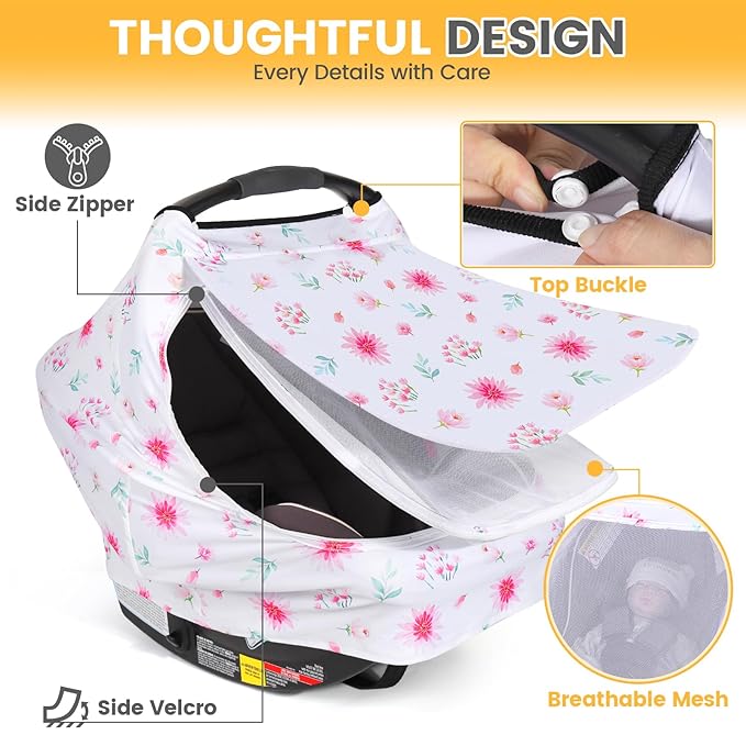 Orzbow Baby Car Seat Cover, Breathable Car Seat Canopy for Girls Boys with Mesh Window, Lightweight Baby Carrier Cover for Wind, Dust, Sun and Insects Protection, Universal Fit, Pink