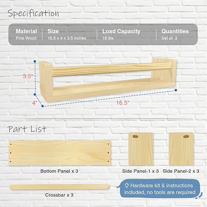 Floating Nursery Book Shelves for Wall, Natural Wood Wall Bookshelf for Kids Room Bedroom, Small Wooden Hanging Baby Book Shelf and Toy Organizer for Nursery Girl Boy Toddler Child - Set of 3