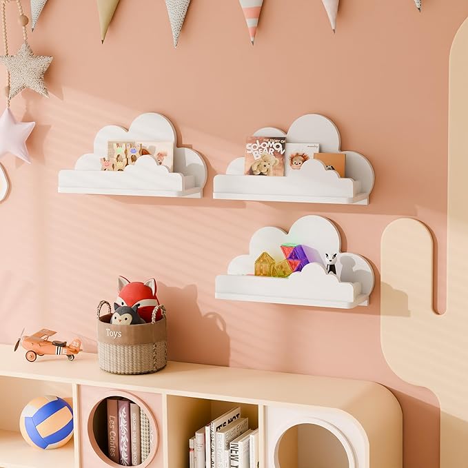 Cloud Shelves for Kid’s Room, 13’’ Long Nursery Wall Deor Set of 3, White Cloud Bookshelf Floating Shelf, Figure Shelf Wall Mounted, Cute Decorative Cloud Wall Shelf for Toys, Plants & Storage