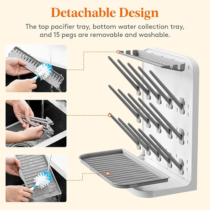 Lifewit Large Baby Bottle Drying Rack, 15 Hooks Vertical Rack Dryer with Removable Pacifiers Box, Drip Tray, Space Saving Countertop Holder Organizer for Weighted Straws, Pump Parts
