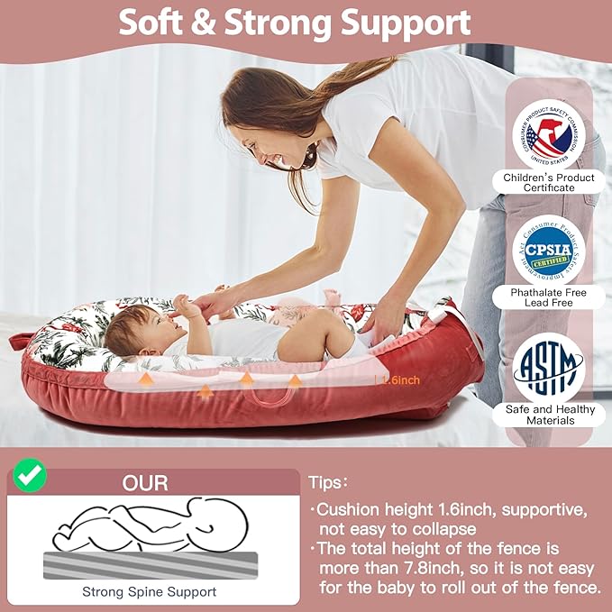 Baby Lounger-Breathable and Soft Organic 100% Cotton, Portable Infant Lounger with Removable Lounger Cover, Baby nest Lounger for Newborn - Red Flamingo