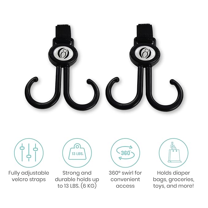 Lulyboo Multi-Use Organizer Hook Clips (2 Pack) - Adjustable Metal Hooks for Baby Strollers, Diaper Bags, Purses & Shopping, Heavy Duty Up to 15kg, Black, Easy One-Hand Attachment