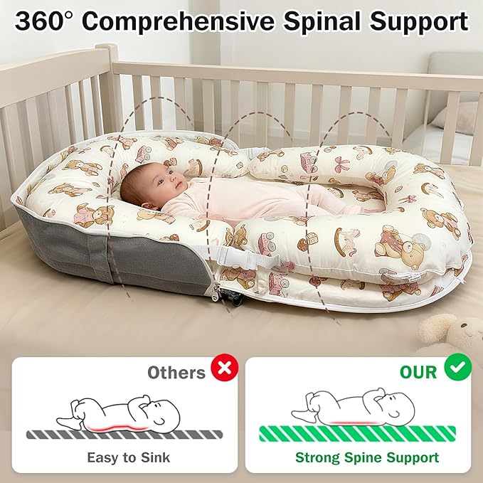 Baby Lounger, Foldable Portable Waterproof Baby Nest Cover, 0-24 Months Newborn Tummy Time Training & Seating Support Pillow, Dual-Use Breathable Infant Lounger Backpack for Home & Travel (Pink Bear)