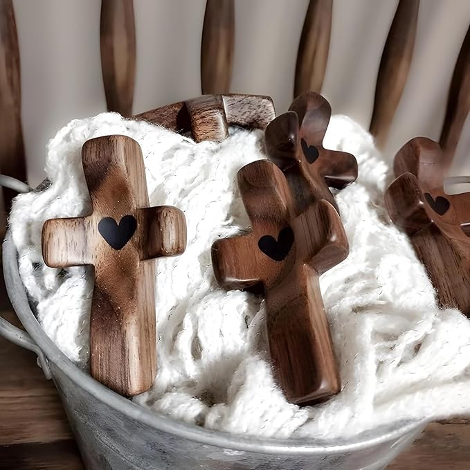 Wooden Cross Fidget Wood Pocket Prayer Fidget Cross to Hold Gifts for People with Depression/Anxiety(Black 5pcs)