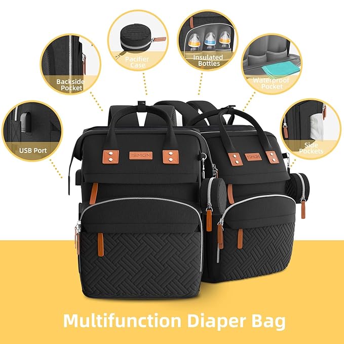 ISMGN Diaper Bag Backpack with Changing Station, Large Diaper Bag, Baby Bag, Multifunctional Diaper Bag, Black