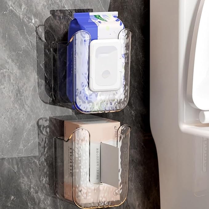 Kitchen Wipes Storage Box, 2024 New Non-Slip Flushable Wipes Holder for Bathroom Toilet, Wall-Mounted Clear Wet Tissue Dispenser Container Box No Punching Refillable Keeps Baby Wipes Fresh Case