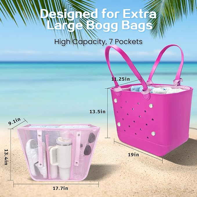 XYFuuee Beach Bag Organizer Insert for XL Simple Modern Bag Accessories, with 8 Removable Metal Fasteners, Extra Large Lightweight Mesh Inserts Divider Pouch, Organizing Rubber Tote, Save Space, Pink