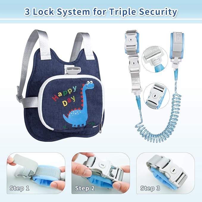 Toddler Harness Backpack Leash with Wrist Link | Cute Dinosaur Anti-Lost Walking Strap for Kids | Foldable & Adjustable Child Safety Belt for Boys & Girls