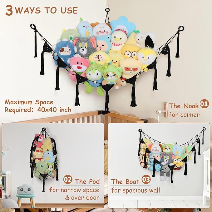 Stuffed Animal Storage Hammock Corner, 57 Inch Large No Drilling Handcrafted Stuffed Animal Net, Natural 100% Cotton Boho Macrame Toy Hammock Stuffed Animal Organizer for Kid Room Nursery Decor(Black)