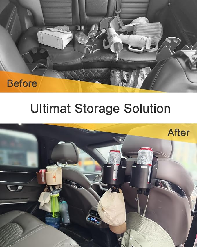 Headrest Cup Holder for Back Seat, Stable Spill-Resistant Drink Holder with Hooks for Bags, Fits 50oz Bottles, Compatible with Sedans, SUVs, and Trucks 1 Pack