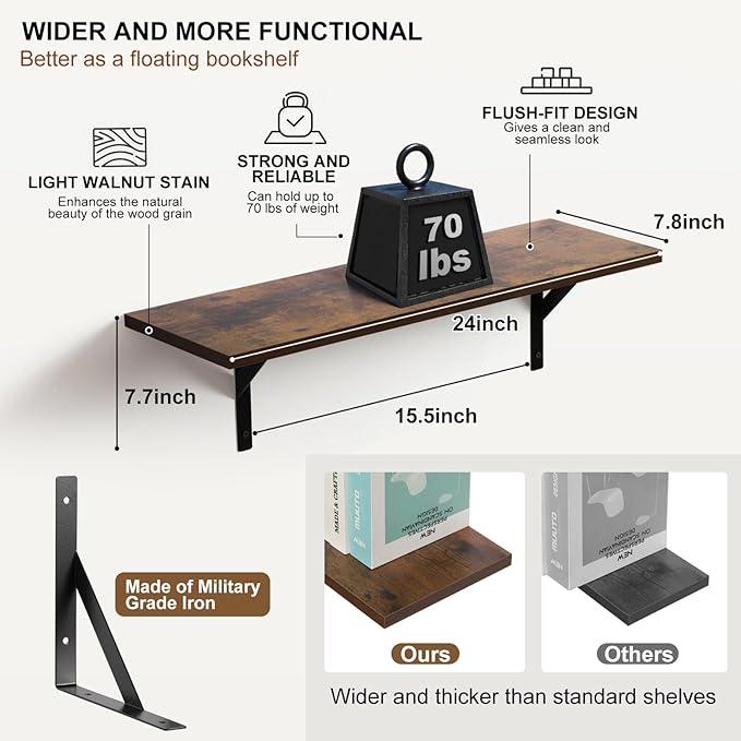 Heavy Duty Long Wall Shelves Set of 2, Floating Shelves Wall Mounted with Industrial Brackets, 40lbs Capacity Shelves for Laundry Room, Kitchen, Bathroom, Living Room (24"*8",Rustic Brown)