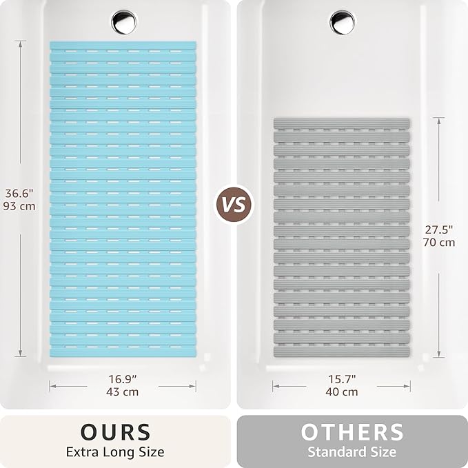 OTHWAY Shower Mat Non Slip, 36.6" x 16.9" Non Slip Soft Bath Mat for Tub, Shower Anti Slip Mat with Suction Cups, Easy to Cut Shower Floor Mat, Machine Washable Bathtub Mat, Light Blue