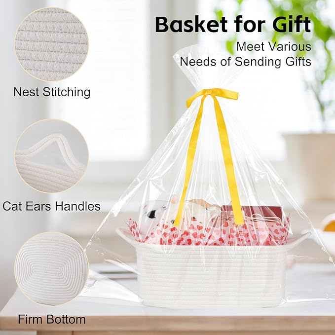OIAHOMY Woven Basket, Gift Basket Empty with Gift Bags Ribbons and Wrap Tissue Paper, Rope Baskets for Baby Showers, Storage Baskets with Handles for Nursery, Pet Toy Organizer - Valentine's White