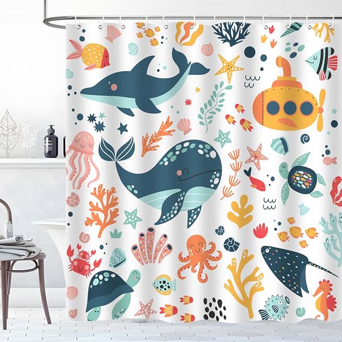 Kids Cartoon Ocean Shower Curtain Cute Fish Sea Turtle Whale Dolphin Funny Underwater Submarine Animal Sea Life Children Boy Home Bathroom Decor Waterproof Fabric 72Lx72W Inch with 12PCS Hooks